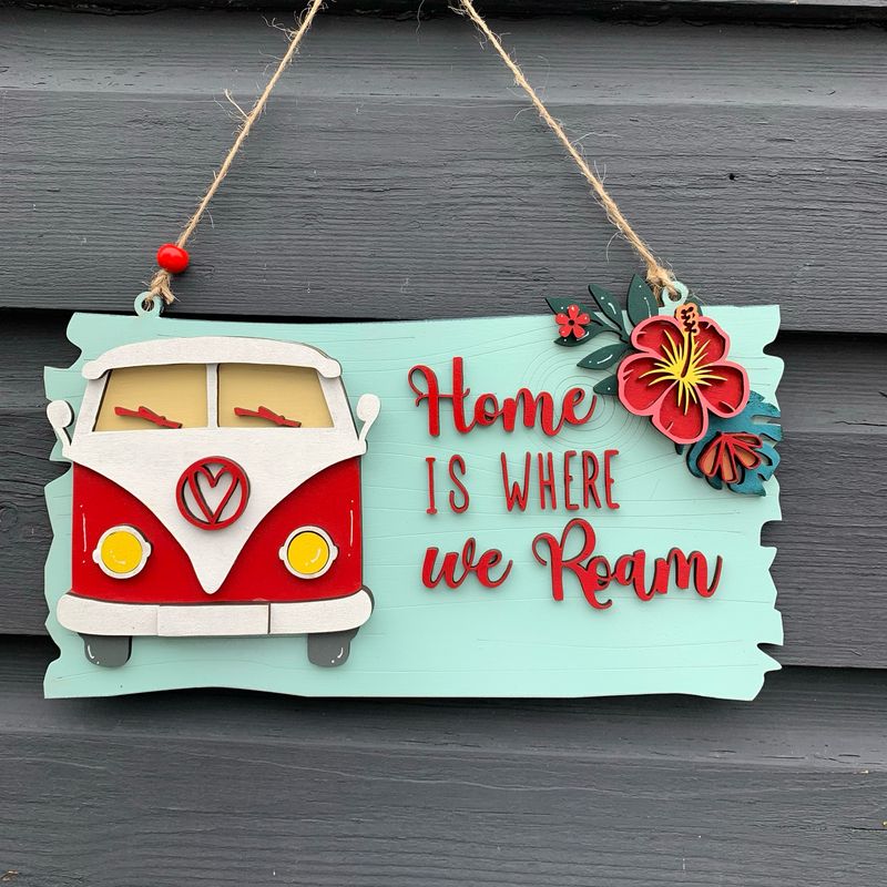 Hand Painted Campervan Tropical Flower Home Is where We Roam plaque