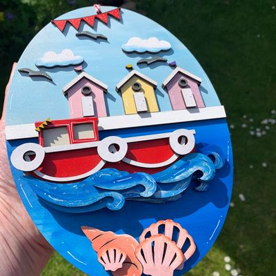 Hand painted Seaside Harbour Town Layered Plaque / Hanging Sign