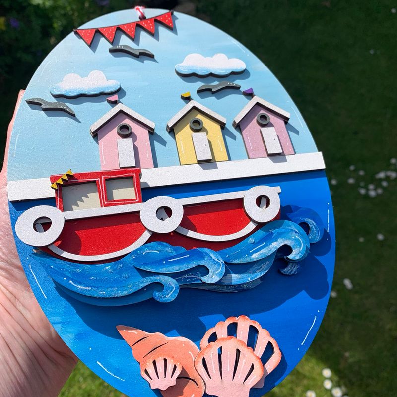 Hand painted Seaside Harbour Town Layered Plaque / Hanging Sign