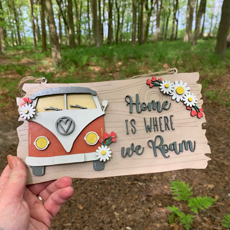 Hand Painted Campervan Orange Daisy Home Is where We Roam plaque