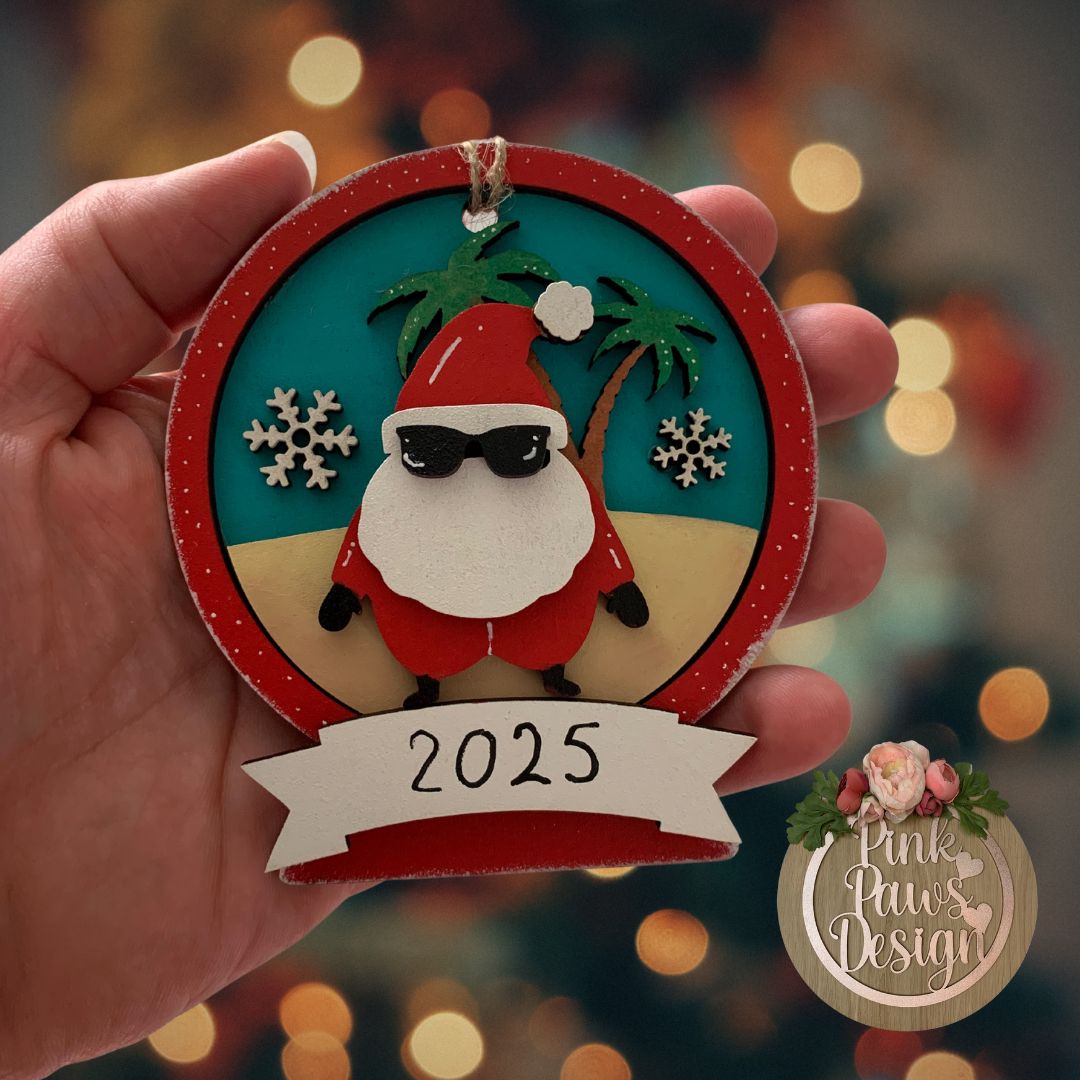 Hand-painted Limited Edition 2025 Christmas Decoration – Summery Santa on the Beach