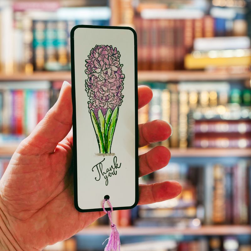 Hand-Stamped & Water-coloured Bookmark – “Thank You” (Hyacinth Edition)