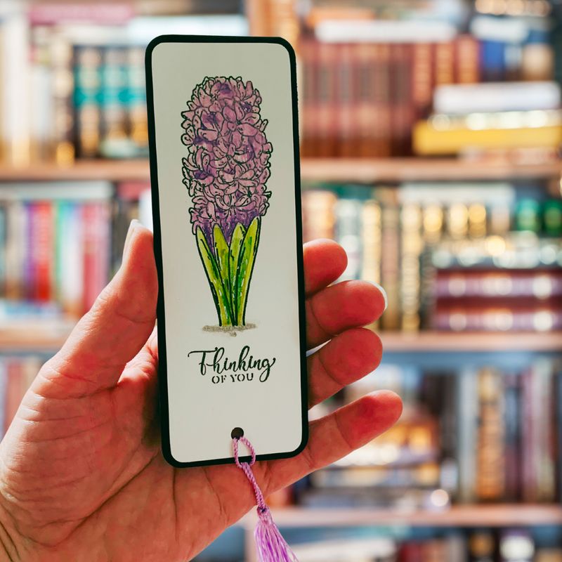 Hand-Stamped & Watercoloured Bookmark – “Thinking of You” (Hyacinth Edition)