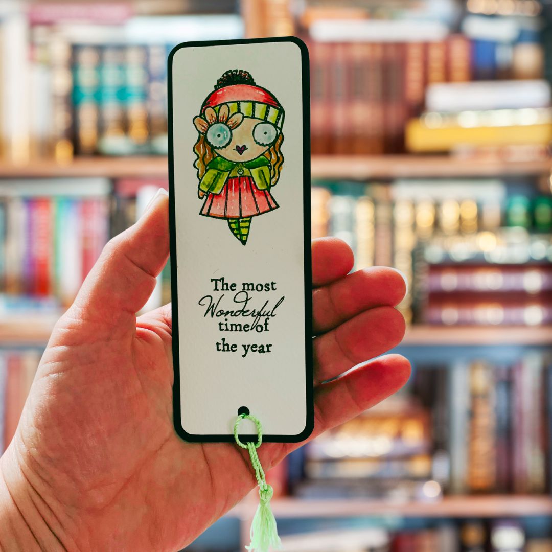 Hand-Stamped & Watercoloured Bookmark – “The Most Wonderful Time of the Year” (Christmas Girl Edition)