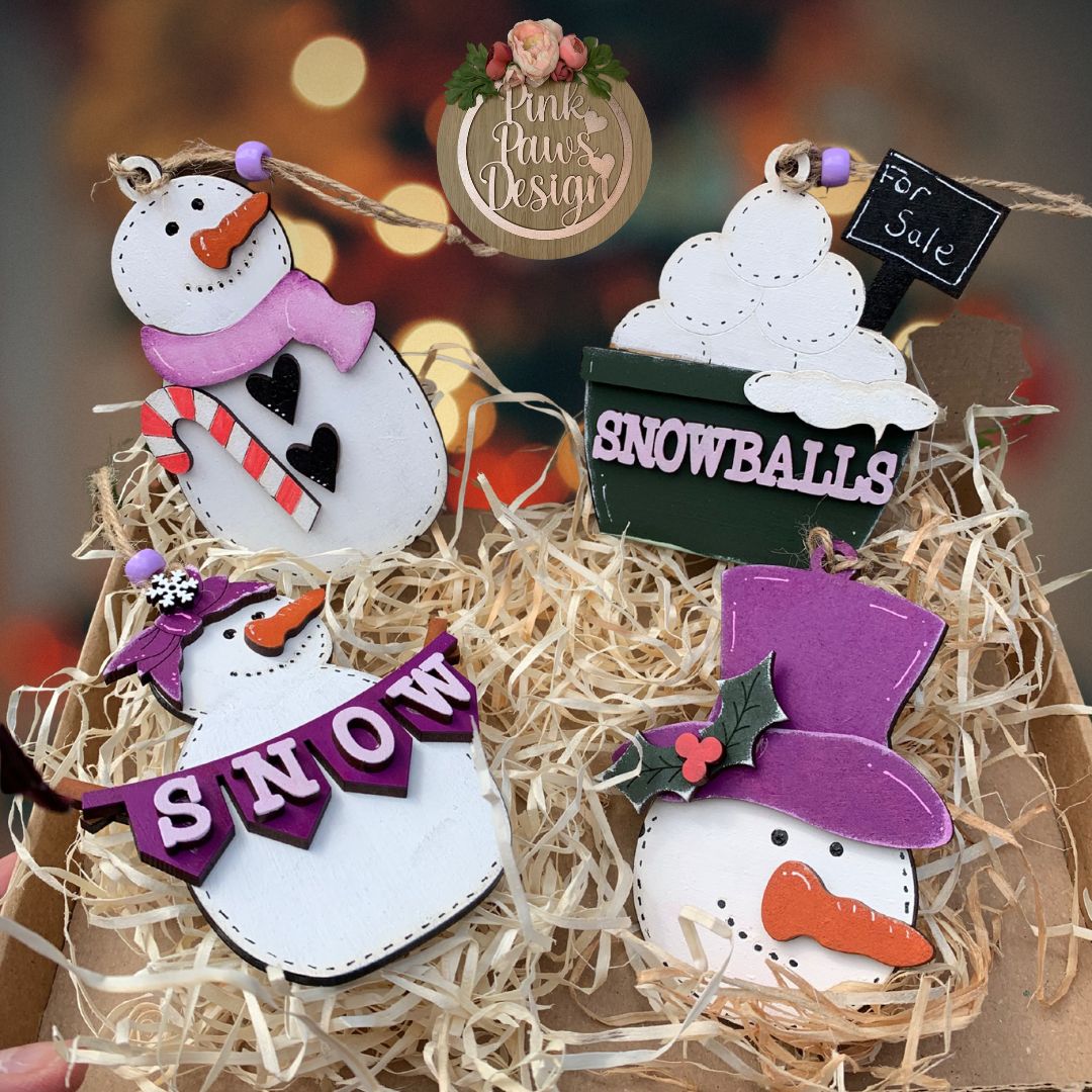 Hand-painted Box set of 4 snow people themed decorations