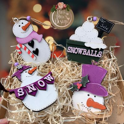 Hand-painted Box set of 4 snow people themed decorations