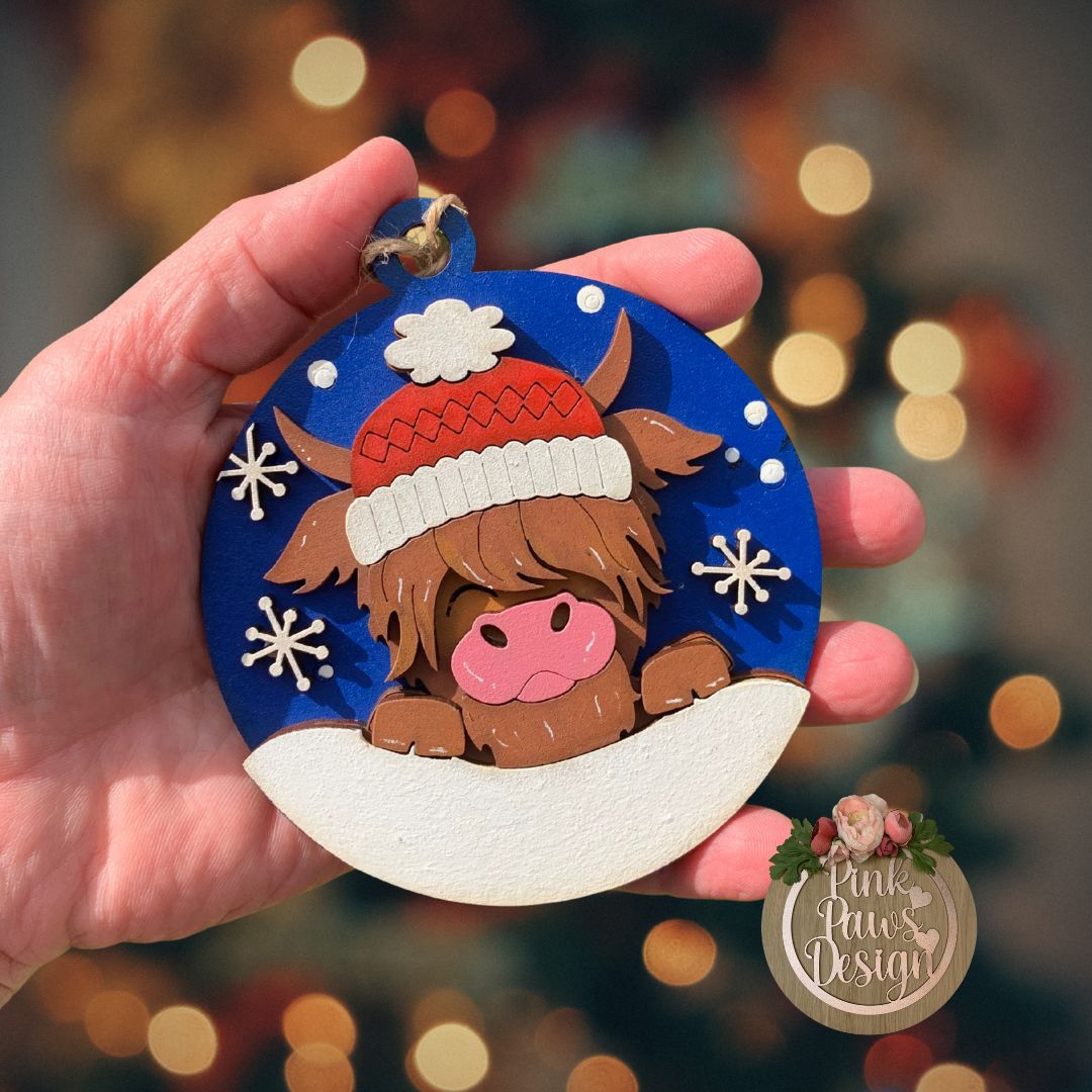 Limited Edition Hand-painted Highland Cow Christmas Themed Decoration