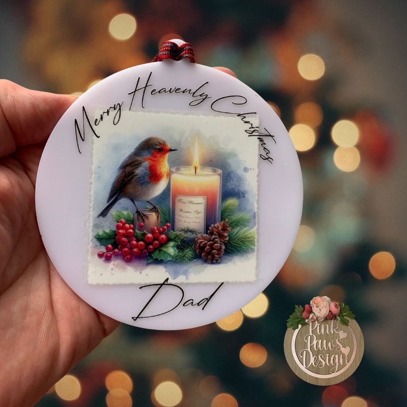 Acrylic Semi-Opaque White Personalised Bauble – Merry Heavenly Christmas Dad