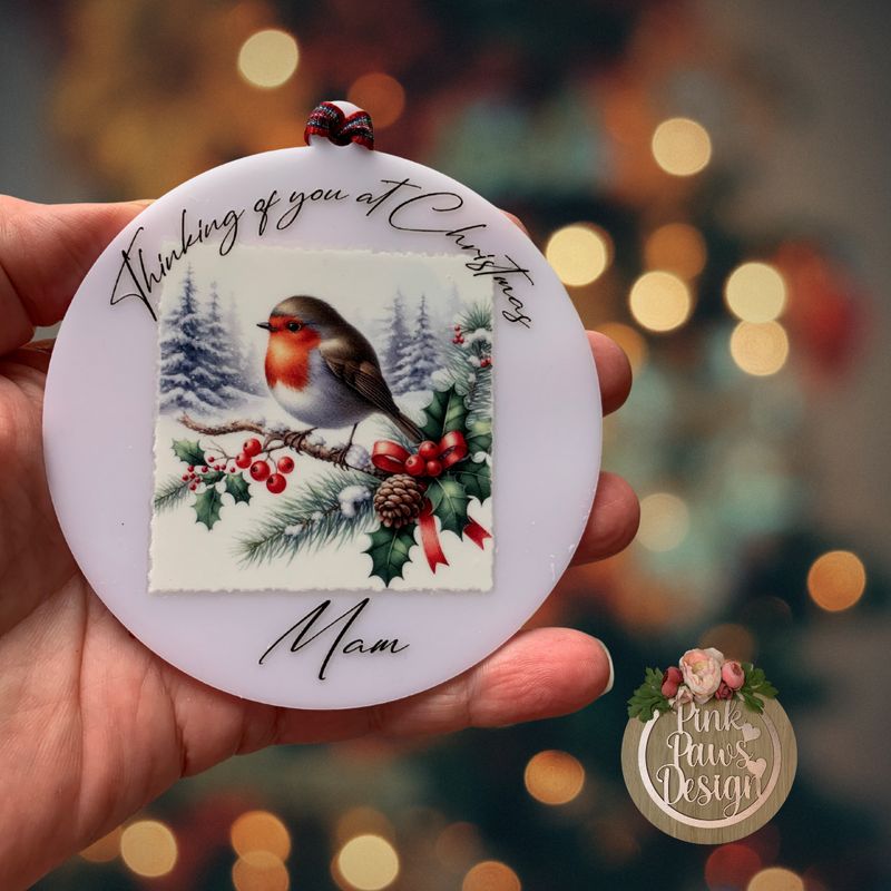 Acrylic Semi-Opaque White Personalised Bauble – Thinking of You at Christmas Mam