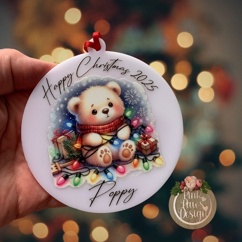 Acrylic Semi-Opaque White Personalised Bauble – Teddy Bear