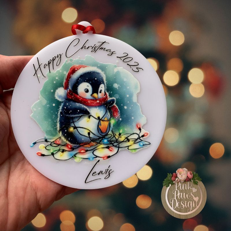 Acrylic Semi-Opaque White Personalised Bauble – Penguin