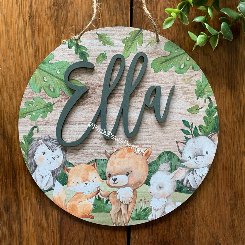 Personalised Circle Plaque - Cute Woodland Animals themed