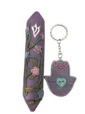 Polymer Clay Set Deep Purple Floral Mezuzah and Key Chain