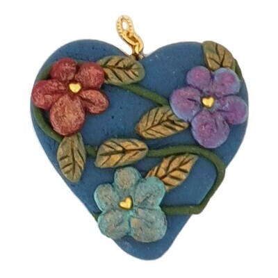 Polymer clay teal blue heart w/ flowers