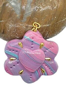 Polymer Clay Zipper-Pull, pink and turquoise with heart