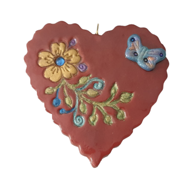 Polymer Clay Red Heart 'w Floral Stamp