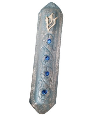 Mezuzah 10cm Lt. Blue and Silver w/ Crystal