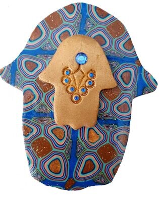 Hamsa with gold inlay and Czech crystal.