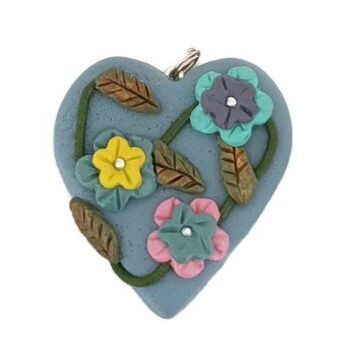 Polymer clay blue heart w/ flowers