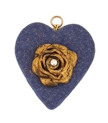 Polymer clay faux lapis heart w/ gold rose