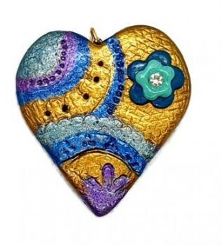 Polymer clay colorful heart gold and blue