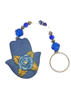 Polymer clay hamsa keychain blue w/ flowers