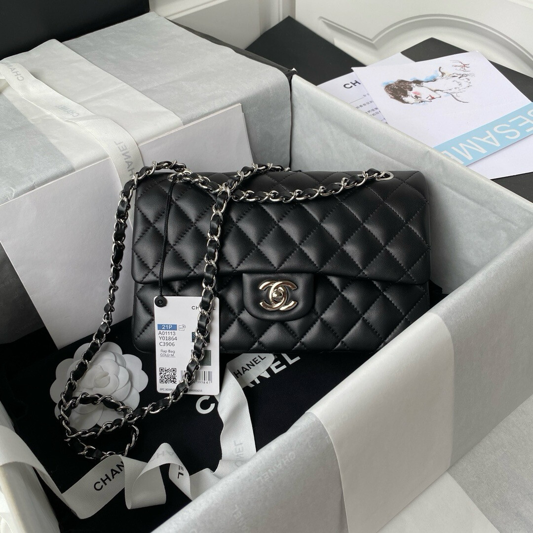 Small Double Flap Bag Lambskin Leather Silver Hardware (Orginal Quality)