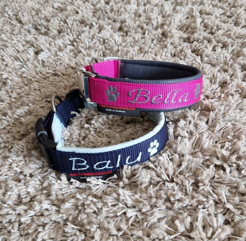 Hundehalsband mit Namen und Telefonnummer bestickt. Kunstleder gepolstert ab