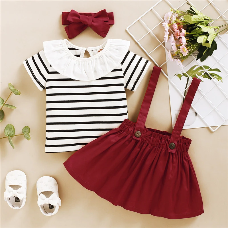 3-piece Striped T-shirt & Solid Dungarees & Headband for Toddler Girl