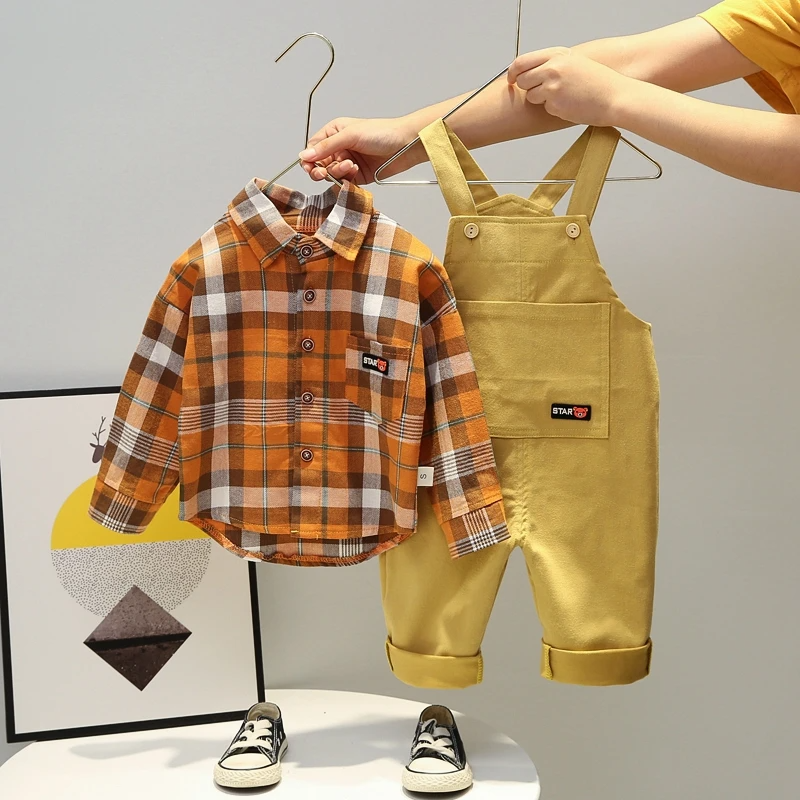 2-piece Plaid Shirt & Solid Dungarees for Toddler Boy