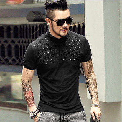 Summer black rivets design sense men's slim polo shirt tide male black lapel short sleeve