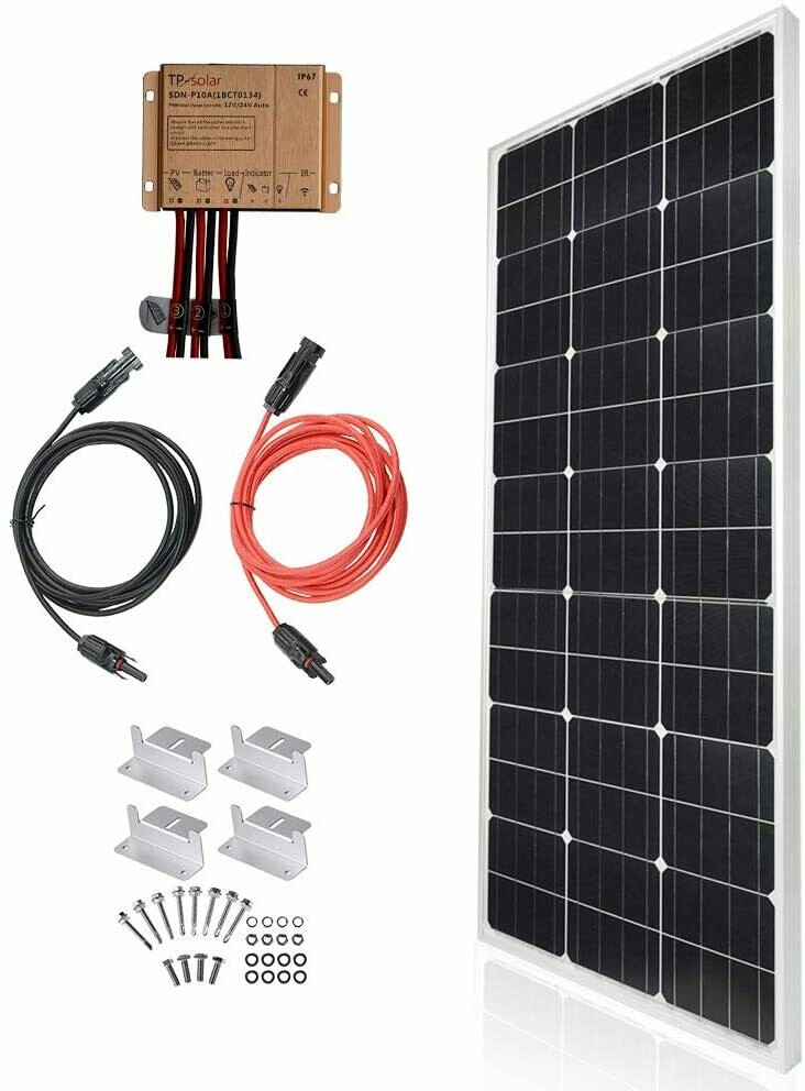 Solar Panel Kit 100 Watt 12 Volt Monocrystalline Off Grid System for Homes RV Boat + 20A 12V/24V LCD PWM Solar Charge Controller + 16ft Solar Cables with MC4 Connector + Z-Brackets for Mounting