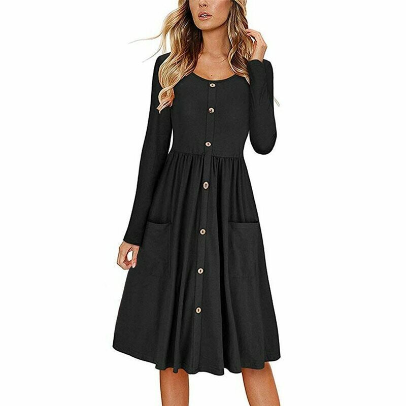 Solid Color Round Neck Long Sleeve Pocket Waist Button Dress