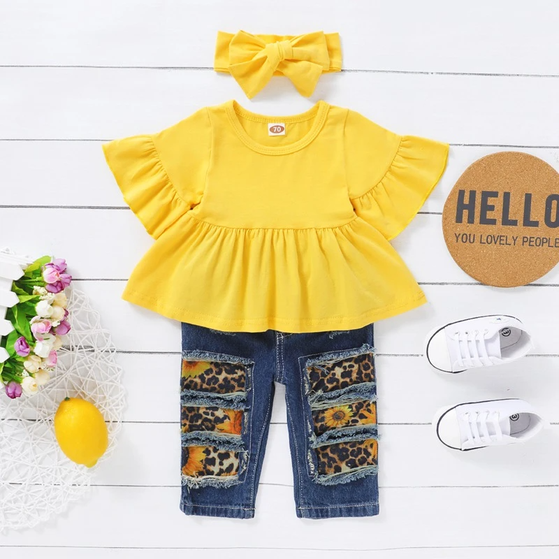 3-piece Solid Ruffle Tops & Jeans & Headband for Toddler Girl