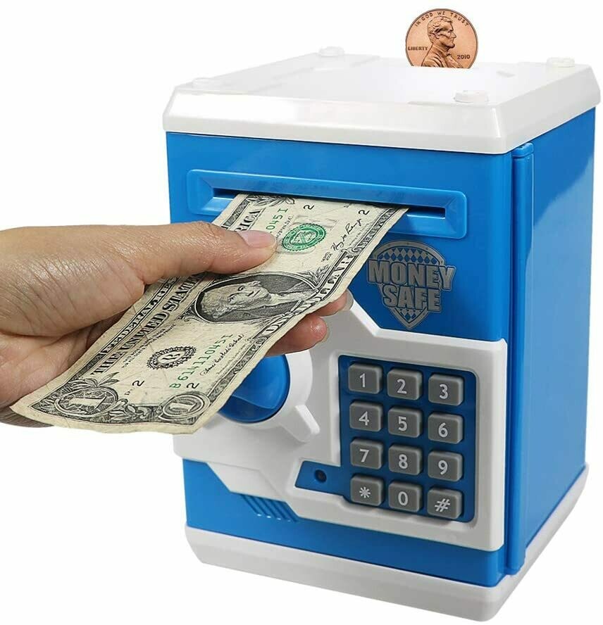 Kelibo Electronic Money Bank for Kids, Elctronic Password Security Piggy Bank Mini ATM Cash Coin Saving Box Smart Voice, Toy Gifts Birthday Gift for Children (Blue)