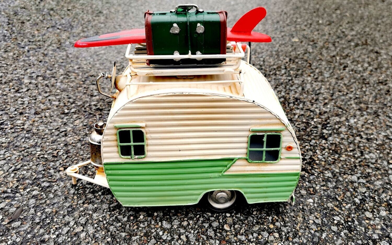 Wohnwagen mit Markise Oldtimer, Metall; L23cmB19cmH13,5cmcreme/pastellgrün; used Look; mit Bilderrahmenfunktion und Spardose