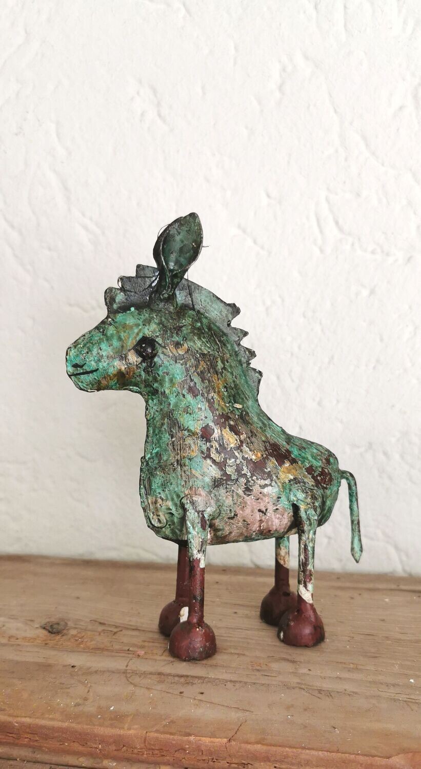 Figur Esel Regine; Metall türkis grün gold, used Optik; H15,5cm B3,5cm L11,5cm;
