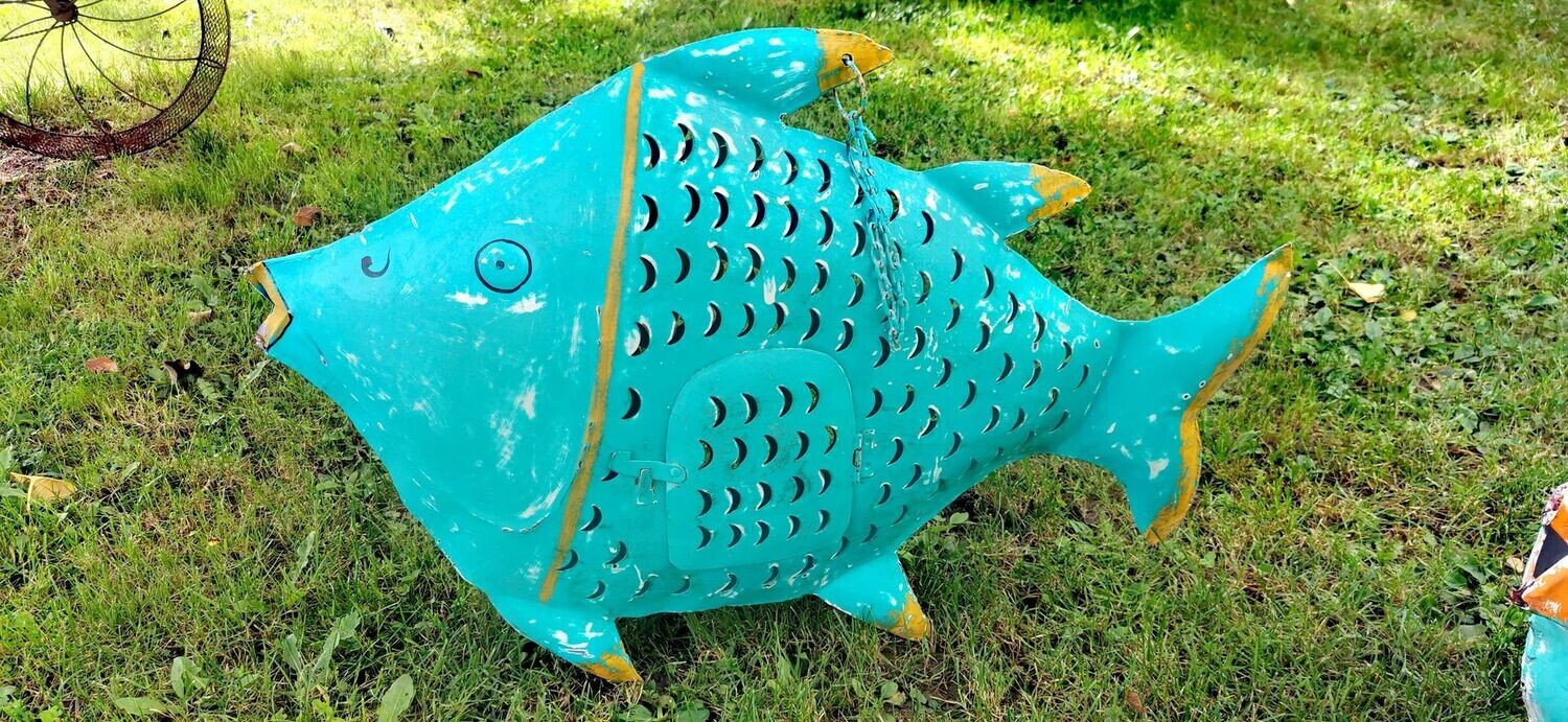 Fisch Windlicht, Metall; Unikate; meerblau; H50cm L75cm T15cm; SONDERPREIS statt 149,00