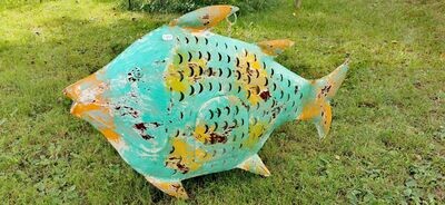 Fisch Windlicht, Metall; Unikate; türkis/orange; H50cm L75cm T15cm; NUR ABHOLUNG