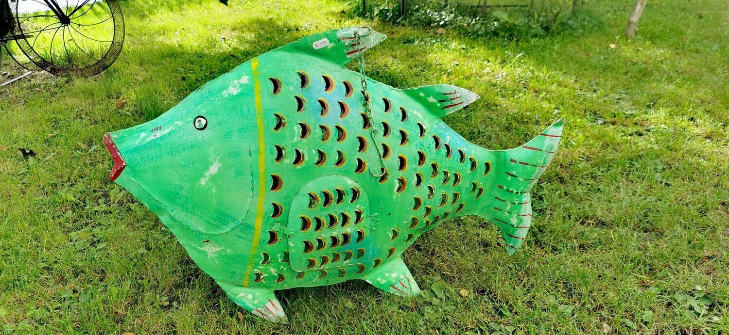 Fisch Windlicht, Metall; Unikate; hellgrün; H50cm L75cm T15cm; SONDERPREIS statt 149,00; NUR ABHOLUNG