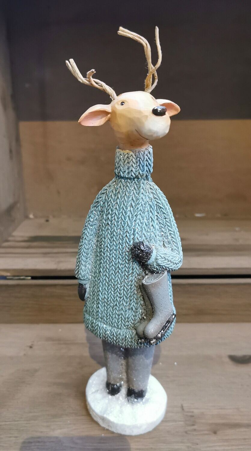 Dekohirsch Skater, hellblau oder pistazie beglittert, Kunstharz; H27cm