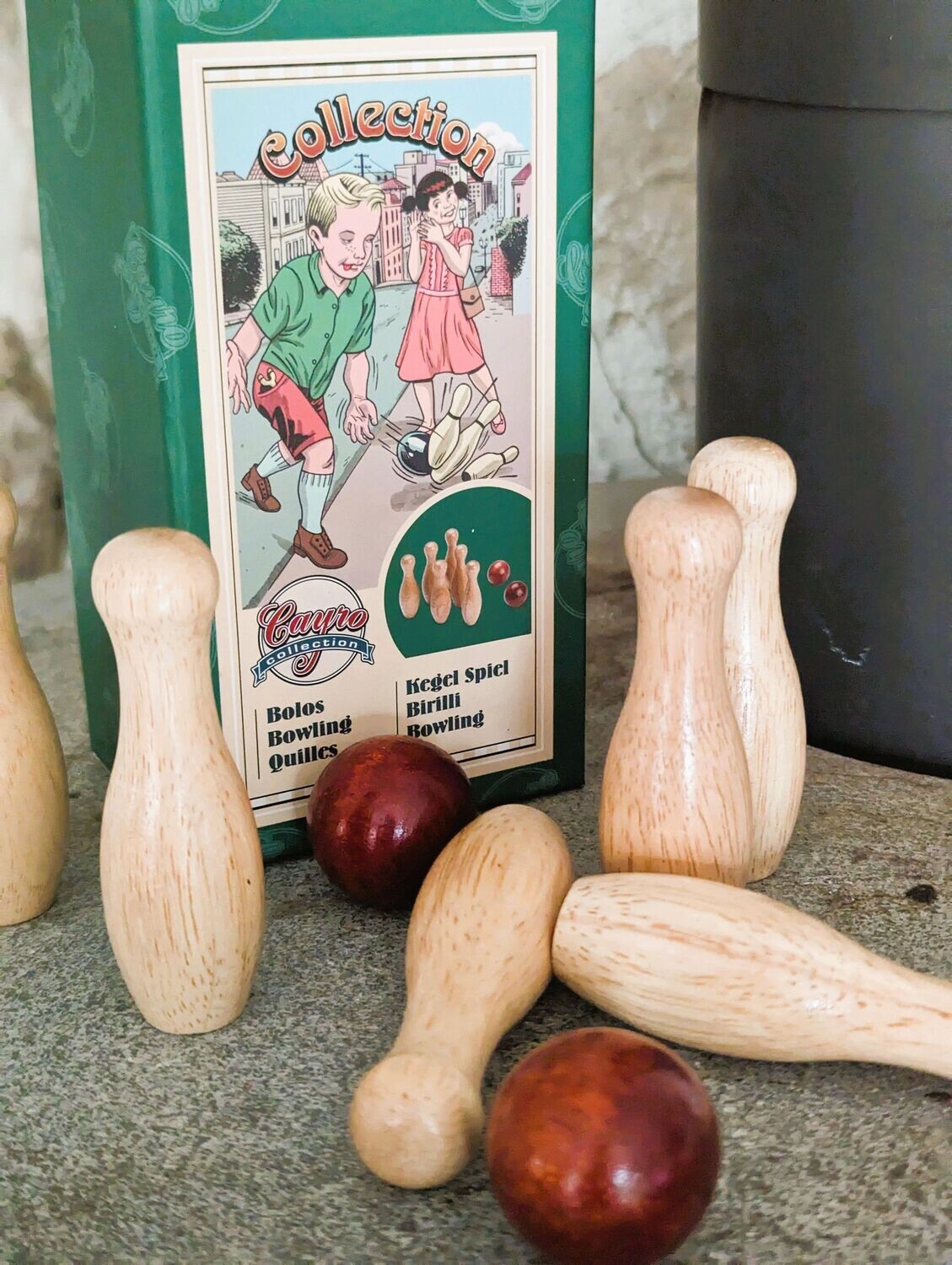 Holzspielzeug Kegeln, Holz, in nostalgisch gestalteter Verpackungsbox H7cm B8cm L15cm;