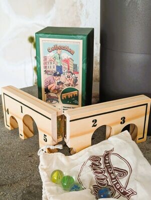 Holzspielzeug Murmeln, Holz/Glas; in nostalgisch gestalteter Verpackungsbox H7cm B8cm L15cm
