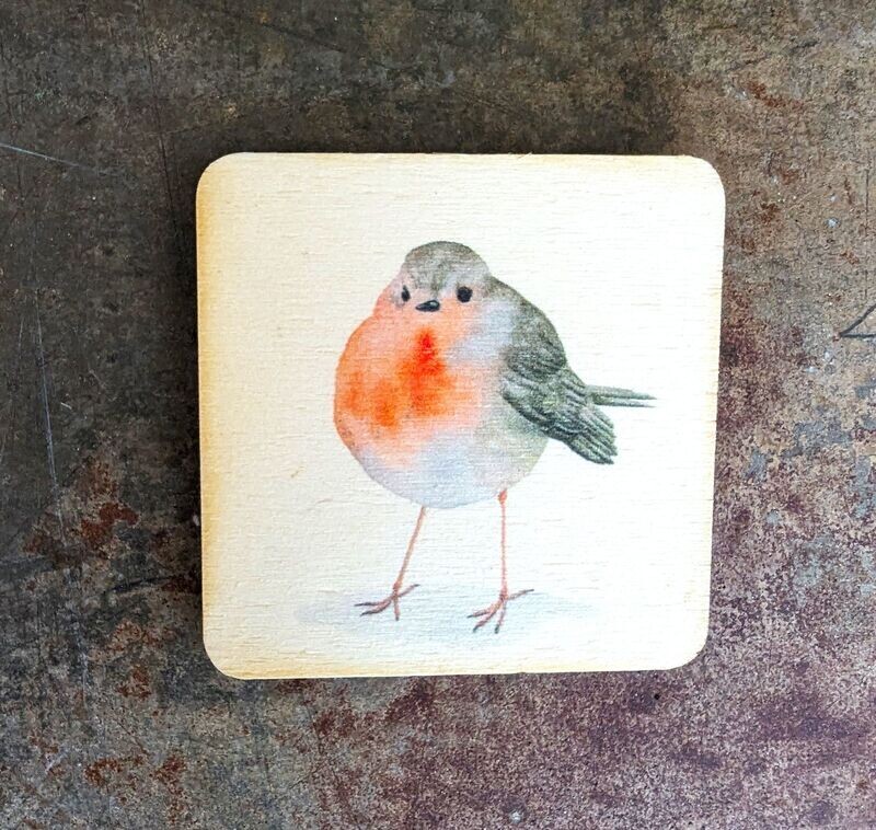 Magnet Magnet "Rotkehlchen " auf cremefarbenem Hintergrund Holz; 5,5 x 5,5cm; Künstlerarbeit, Druck der Zeichnung auf Holzplättchen