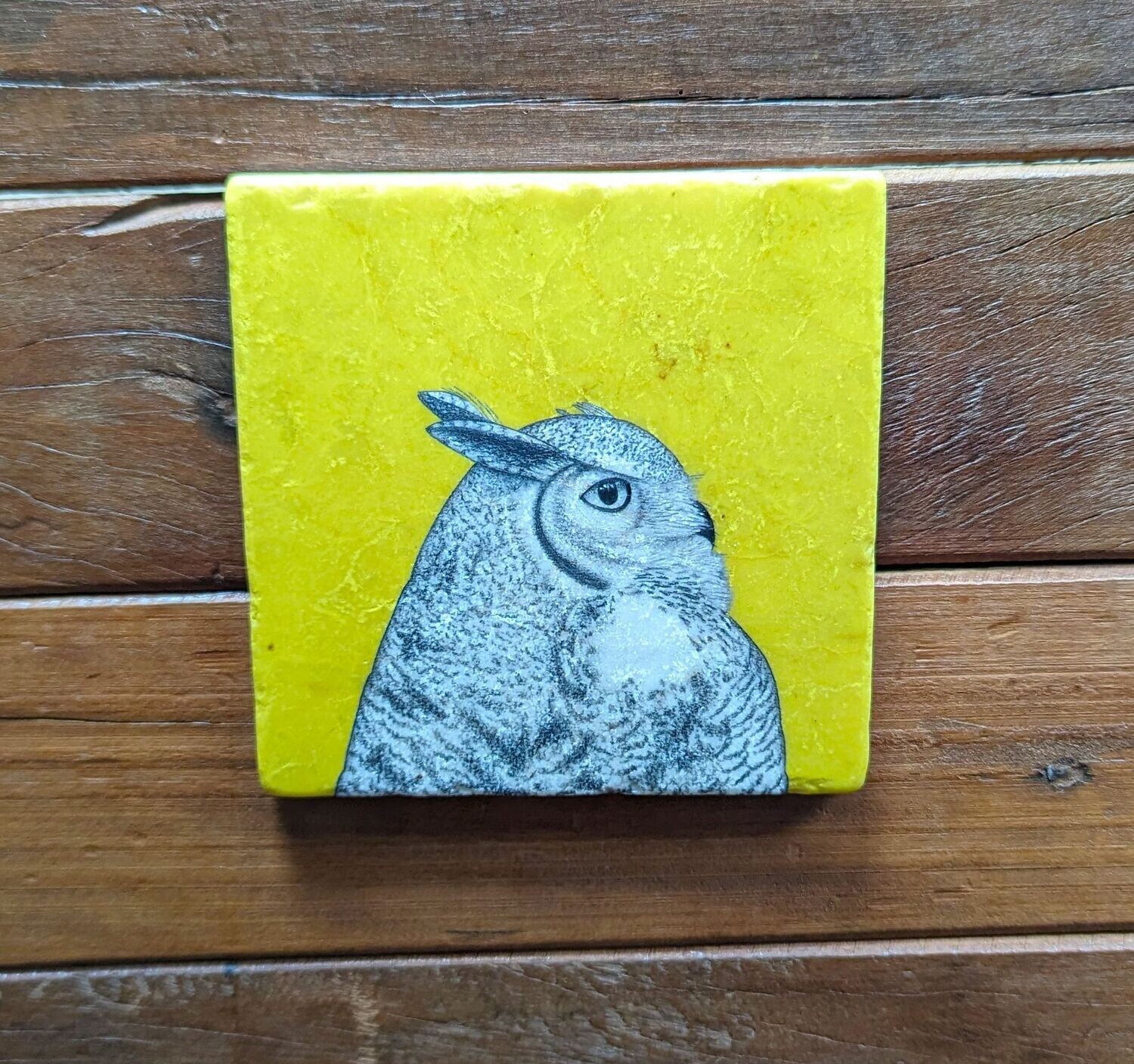 Dekofliese/Untersetzer Eule auf sonnengelbem Hintergrund, Keramik; Künstlerarbeit, Zeichnungen werden mit einer Drucktechnik auf die Fliese aufgebracht; 10 x 10cm