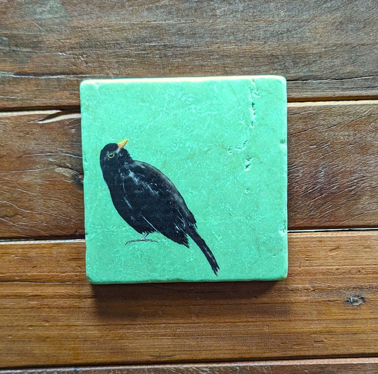 Dekofliese/Untersetzer Amsel auf altgrünem Hintergrund, Keramik; Künstlerarbeit, Zeichnungen werden mit einer Drucktechnik auf die Fliese aufgebracht; 10 x 10cm