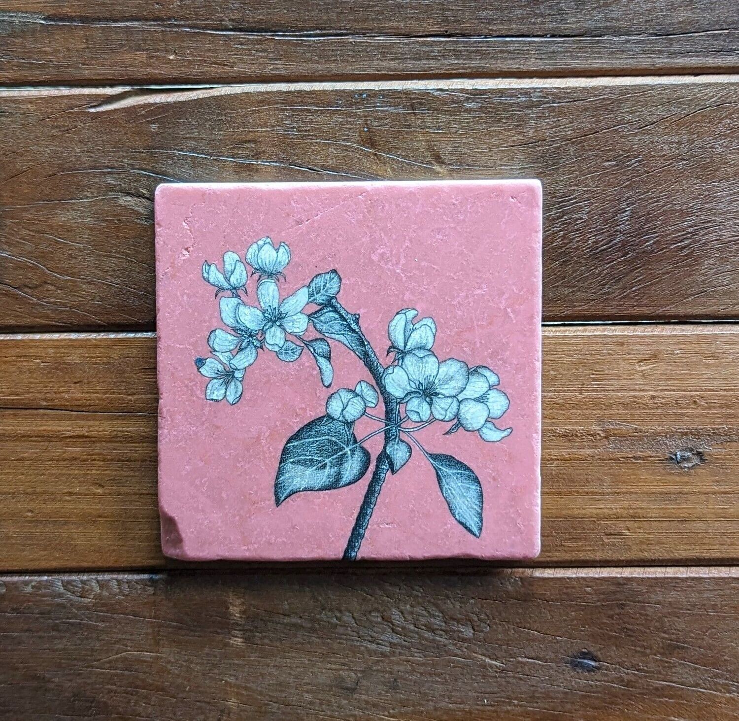 Dekofliese/Untersetzer Kirschblüte auf lachsfarbenem Hintergrund, Keramik; Künstlerarbeit, Zeichnungen werden mit einer Drucktechnik auf die Fliese aufgebracht; 10 x 10cm