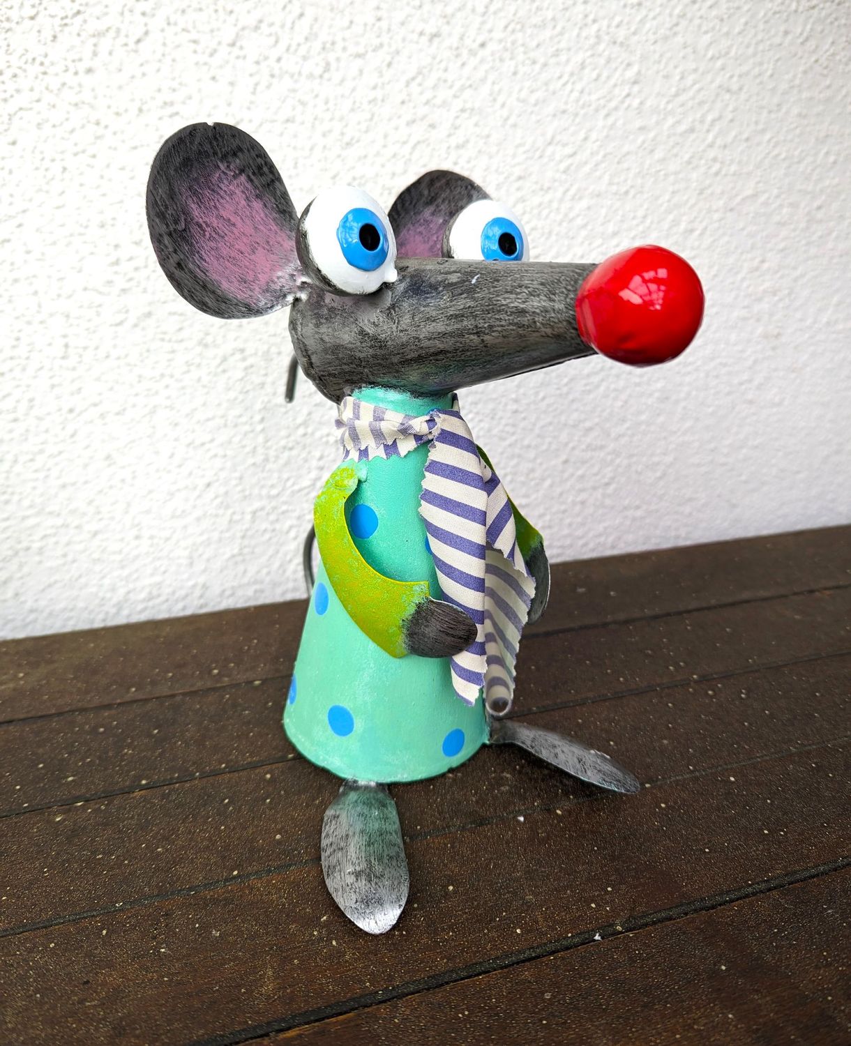 Maus Merlo, Metall, light türkis mit himmelblauen Punkten; Stoffschal abnehmbar, H21cm dm 7,5cm