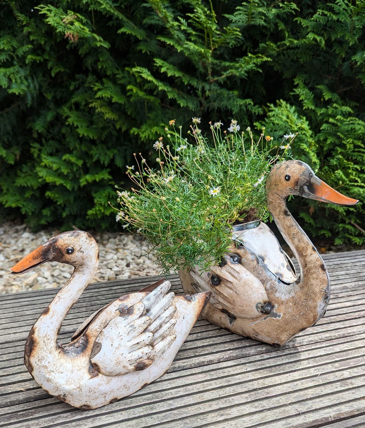 Pflanz-Schwan Metall, teils naturbelassen, teils beschichtet, used Optik creme/grau; Handarbeit; H27,5cm B15cm L29cm; Pflanztopf H12,5cm dm 9cm