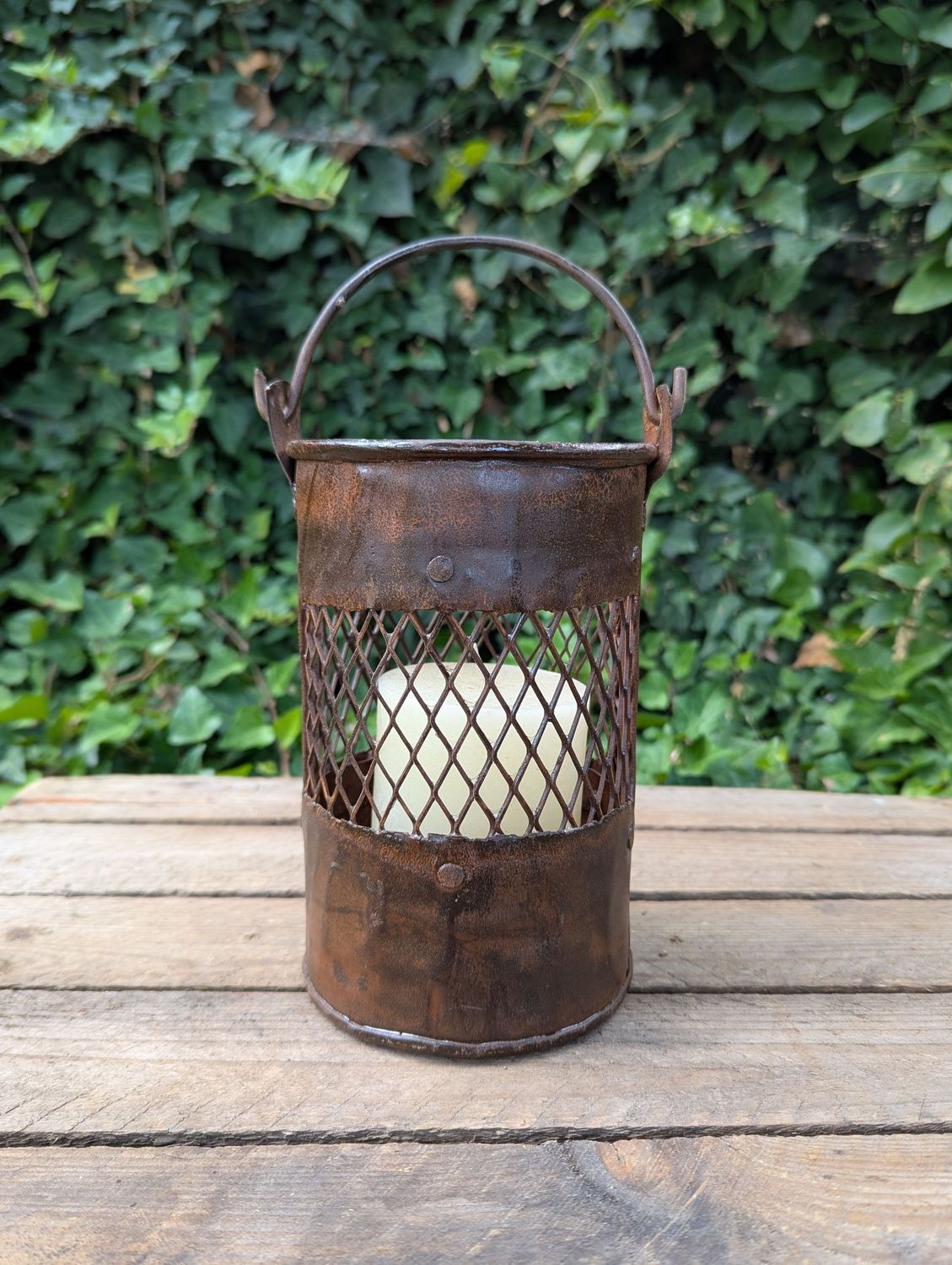 Windlicht Metall, braun, used Optik, Gitternetz; H 21cm Dm 13cm